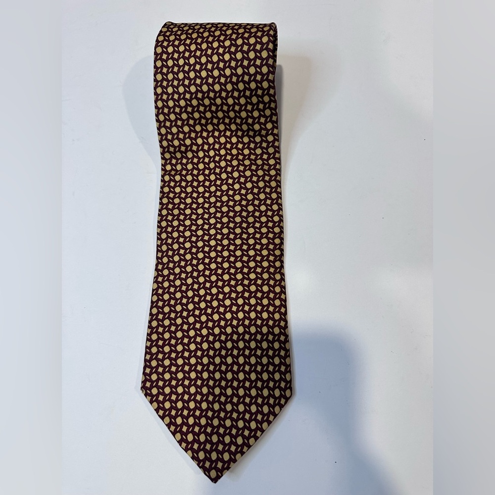 Brooks‎ Brothers Silk Tie Burgundy Gold Geometric Print Made in USA